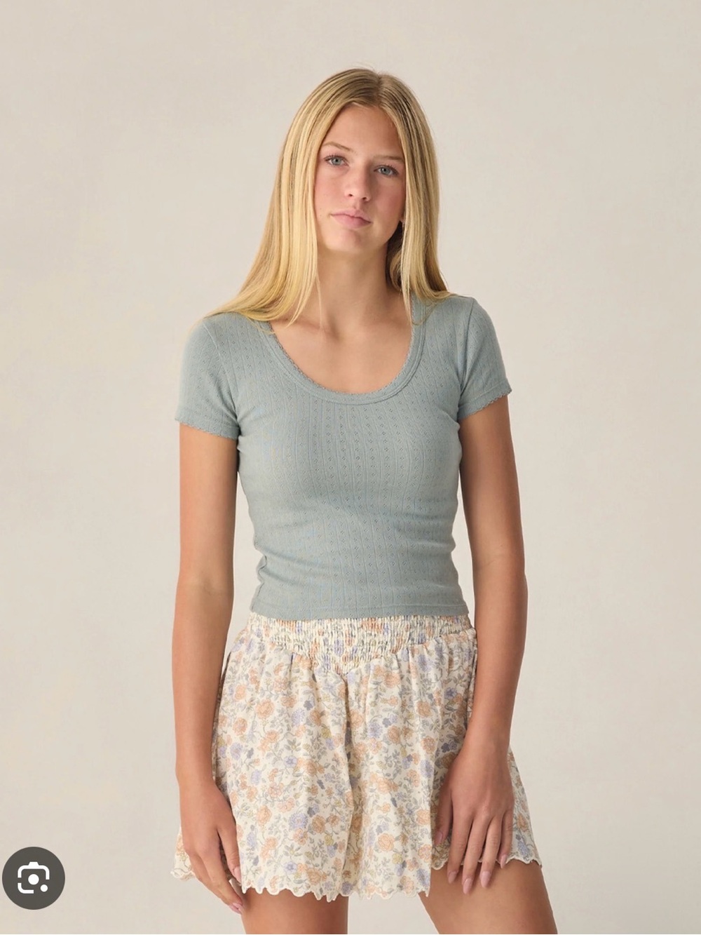 Rylee + Cru pointelle Light Sage Ribbed Scoop Neck Short Sleeve Top